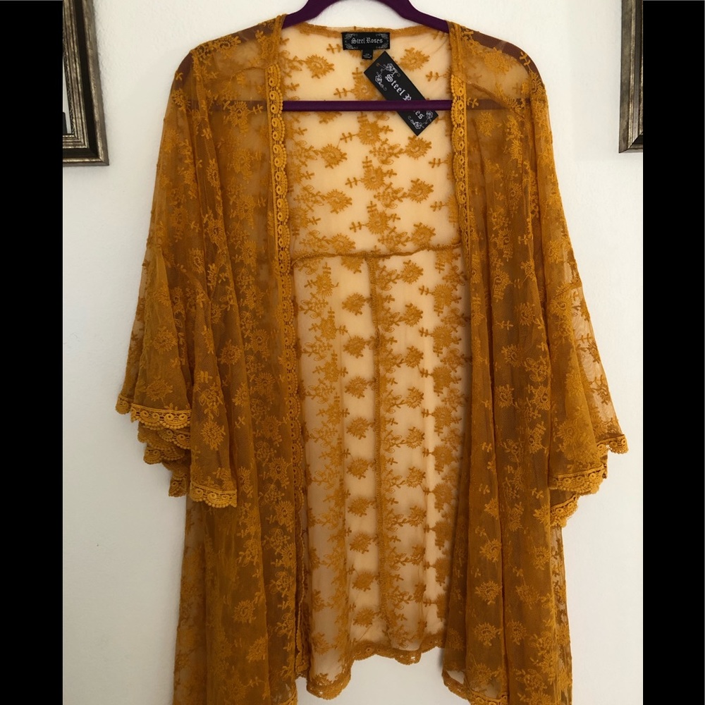 Steel Roses mustard Lace Kimono-Sleeve Cardigan
